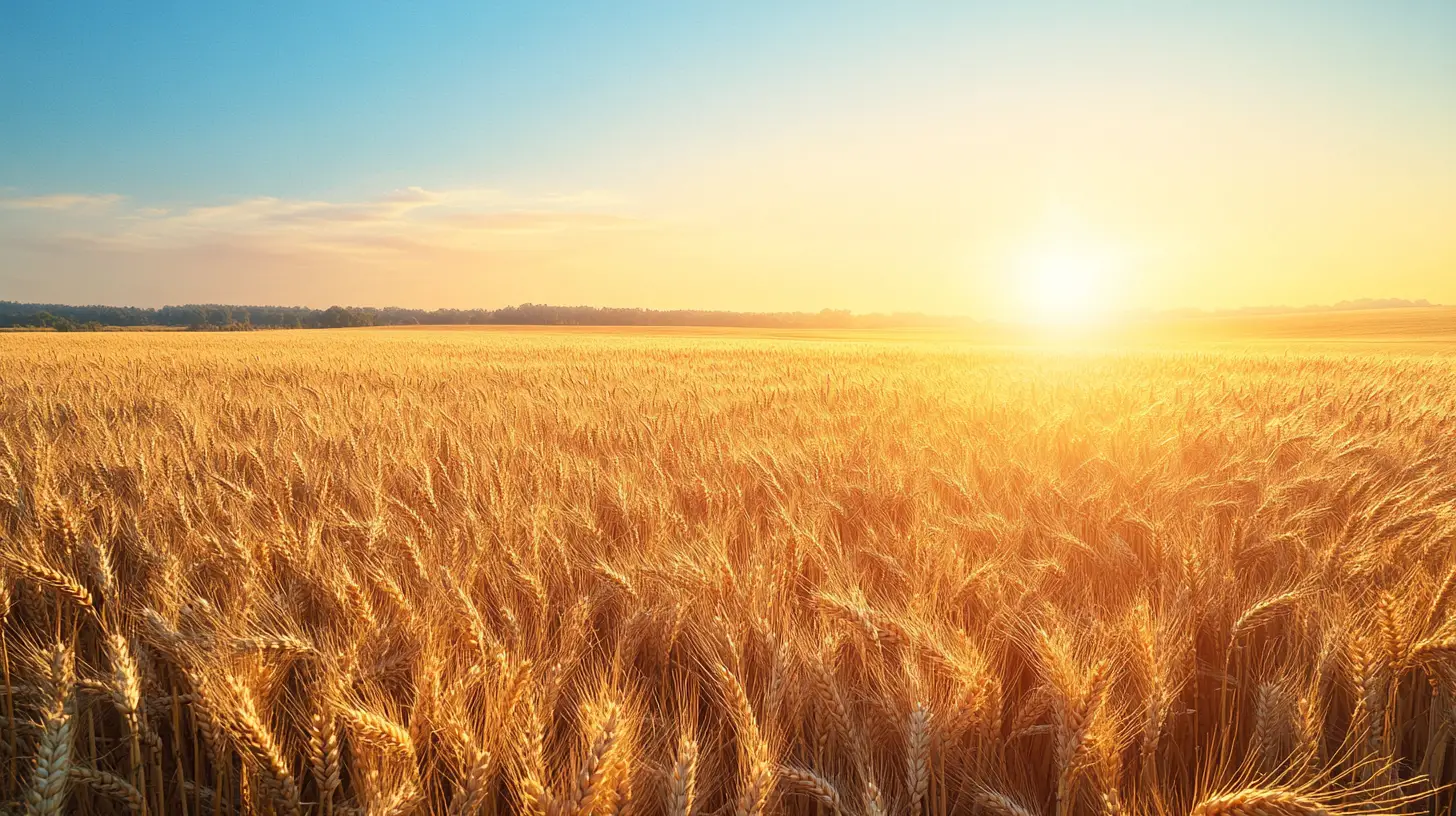 Golden wheat fields under a clear blue summer sky