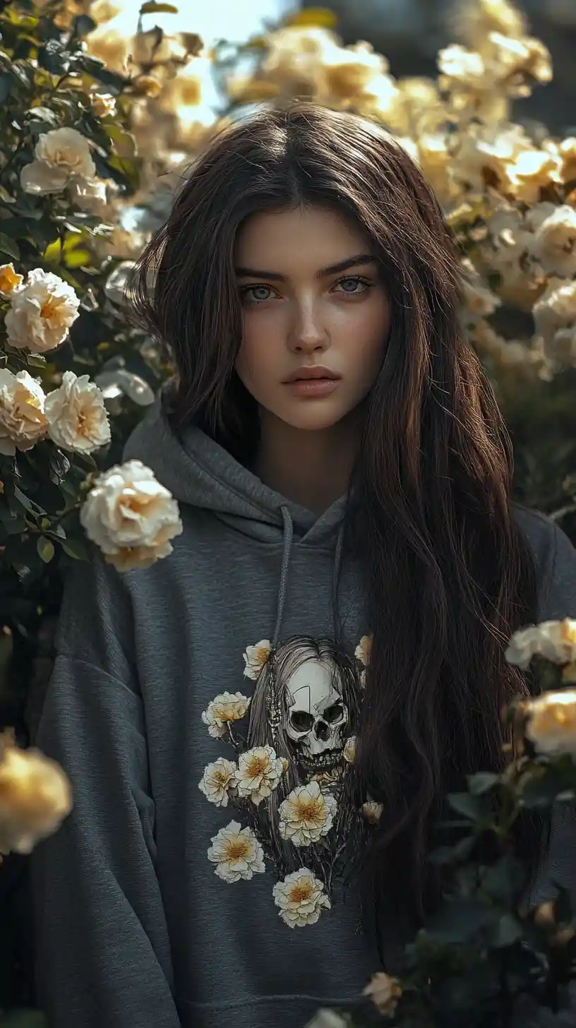 Young woman in hoodie with looming menacing robot