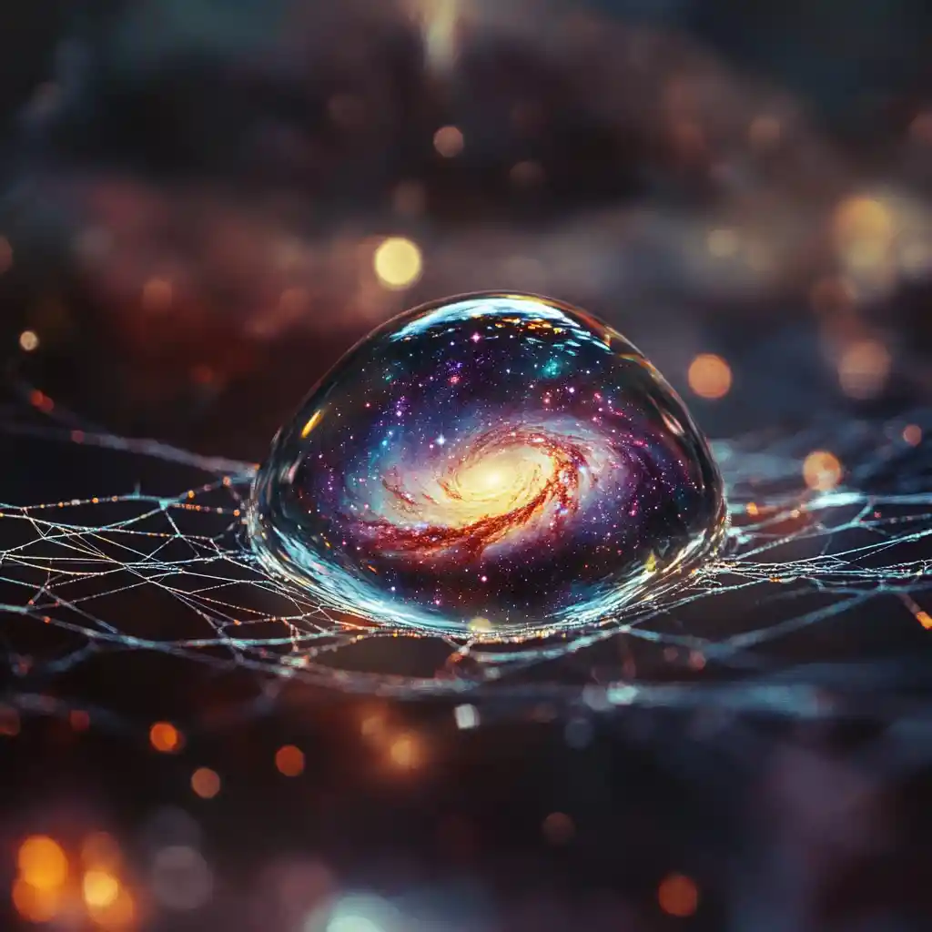 Macro water droplet on spider web reflecting a galaxy