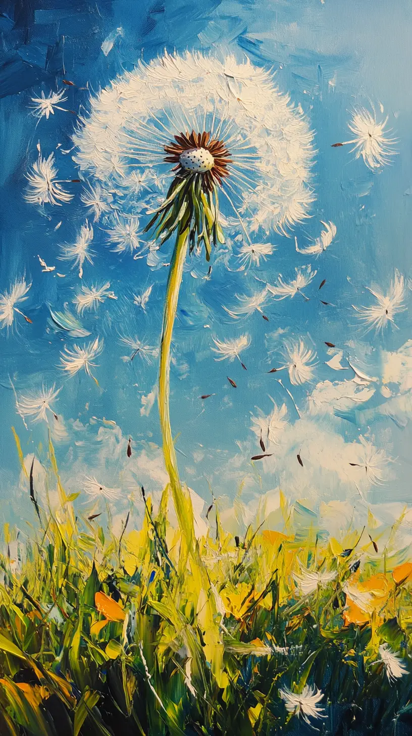 Acrylic painting of dandelion seeds dancing in sunlight