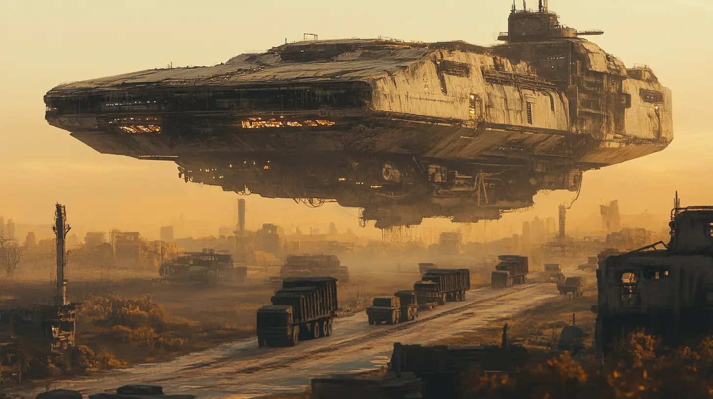 Massive cargo ship over dusty sci fi mining town