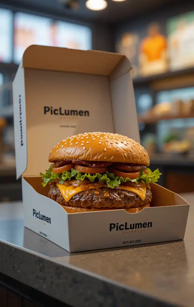 Gourmet hamburger in branded box on fast food counter