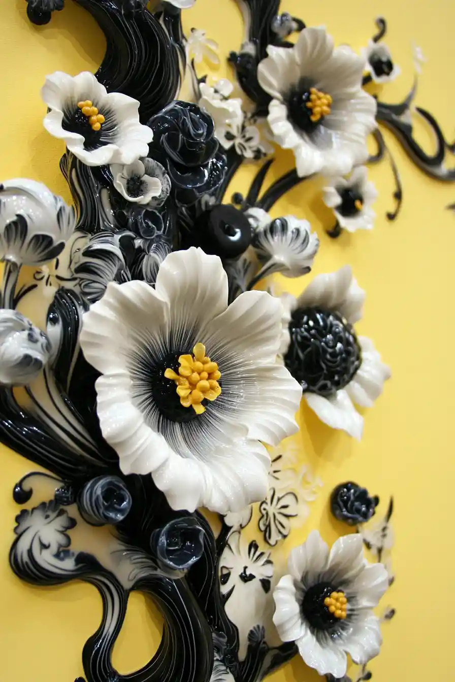 Opera d’arte di scultura floreale astratta ornata in bianco e nero