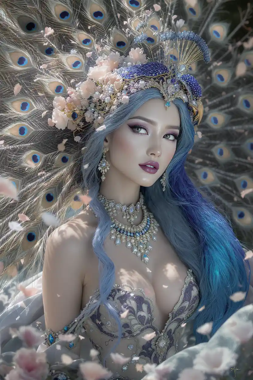 Enchanting fantasy woman with vibrant peacock companion