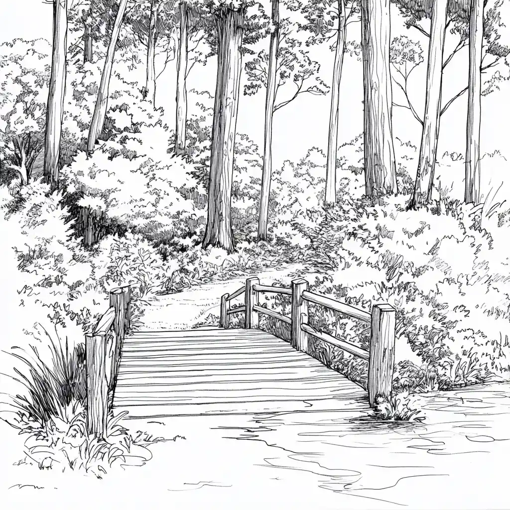 Disegno a linee di fiume tranquillo nel bosco con ponte di legno