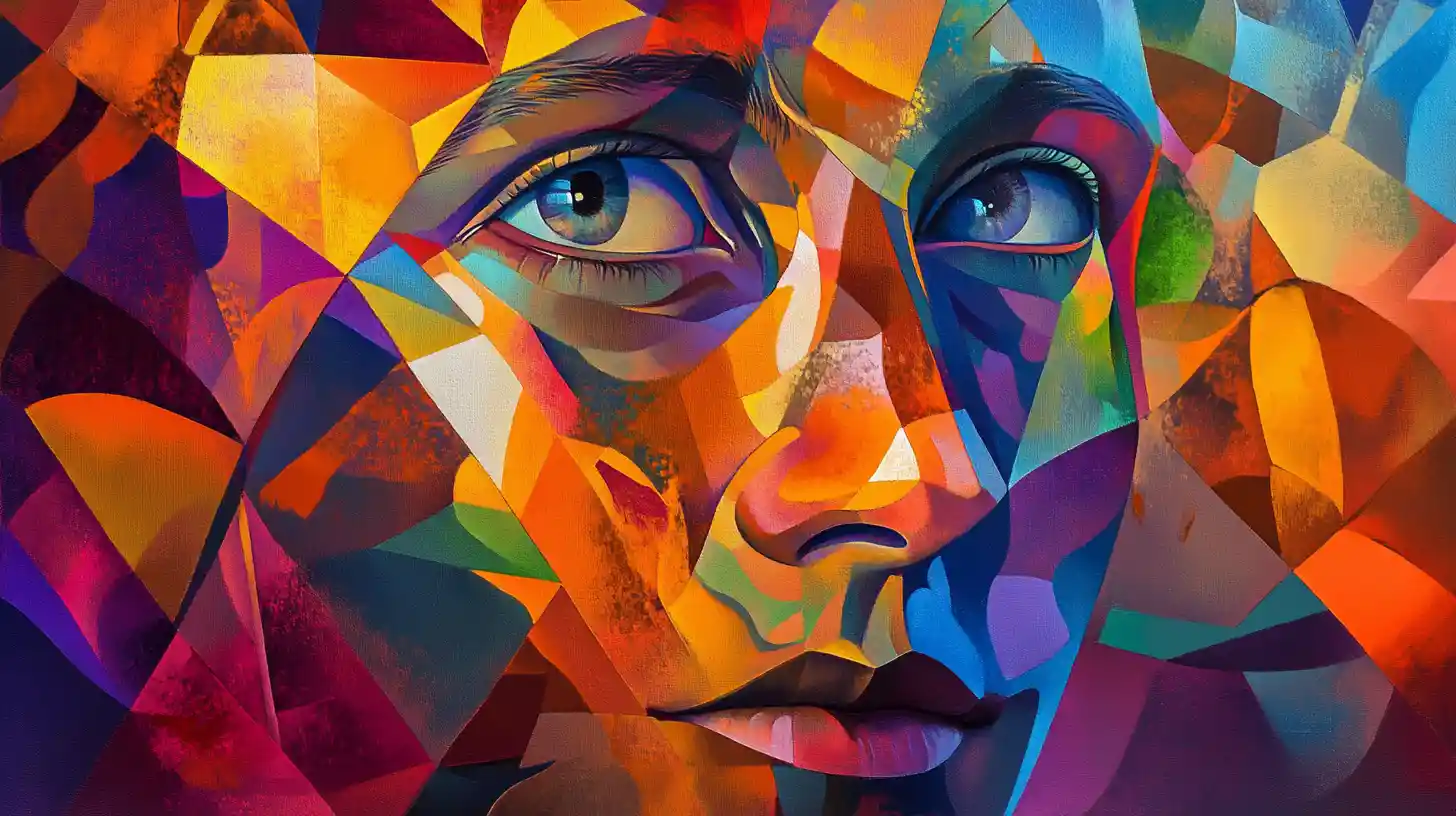 Ritratto cubista con forme frammentate e colori elettrici caldi