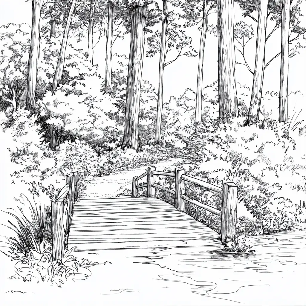 Peaceful forest river with wooden bridge line drawing