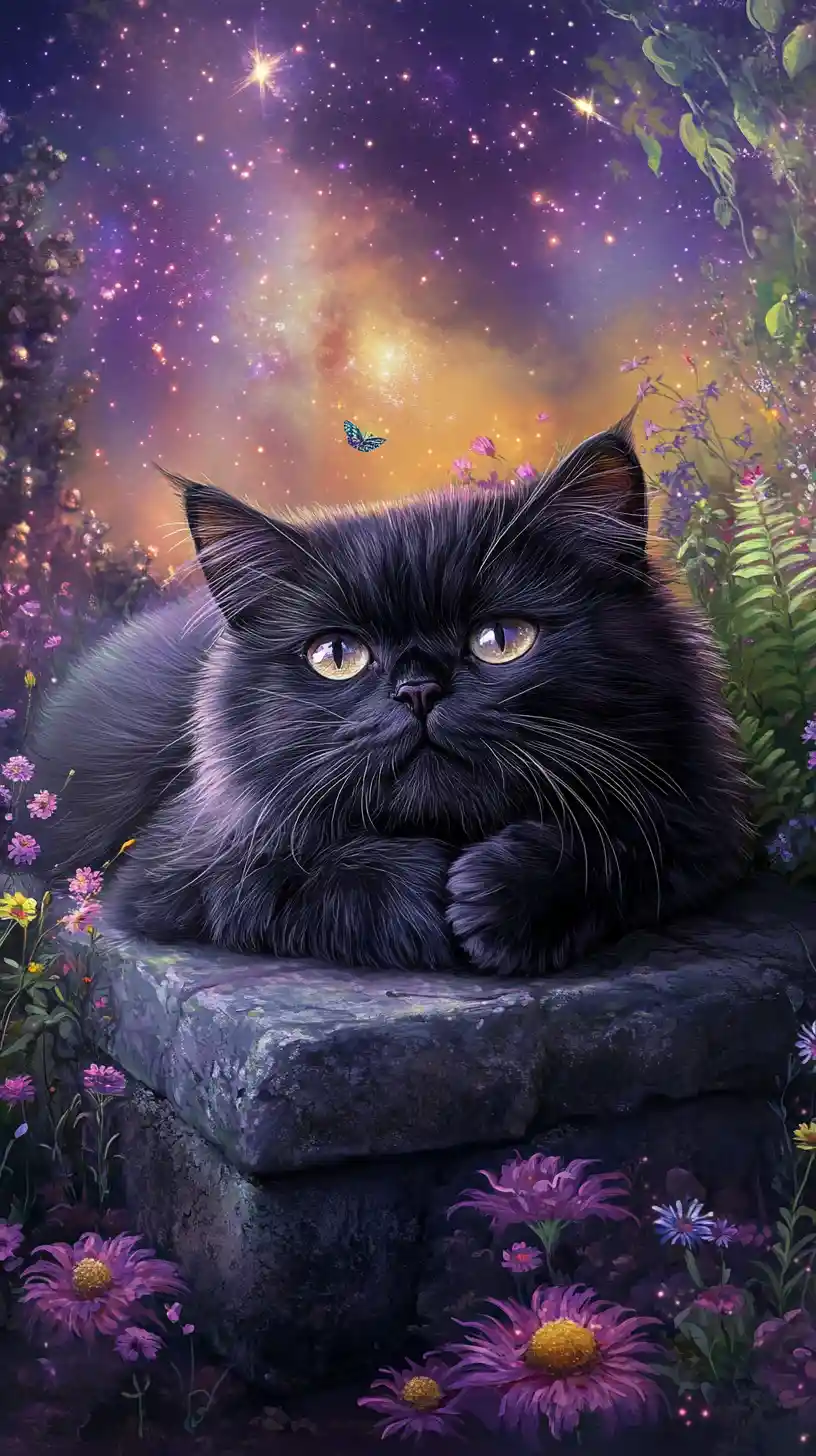 Black persian cat resting on a stone bench