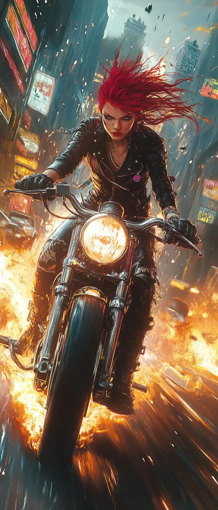Punk biker woman racing through collapsing city flames