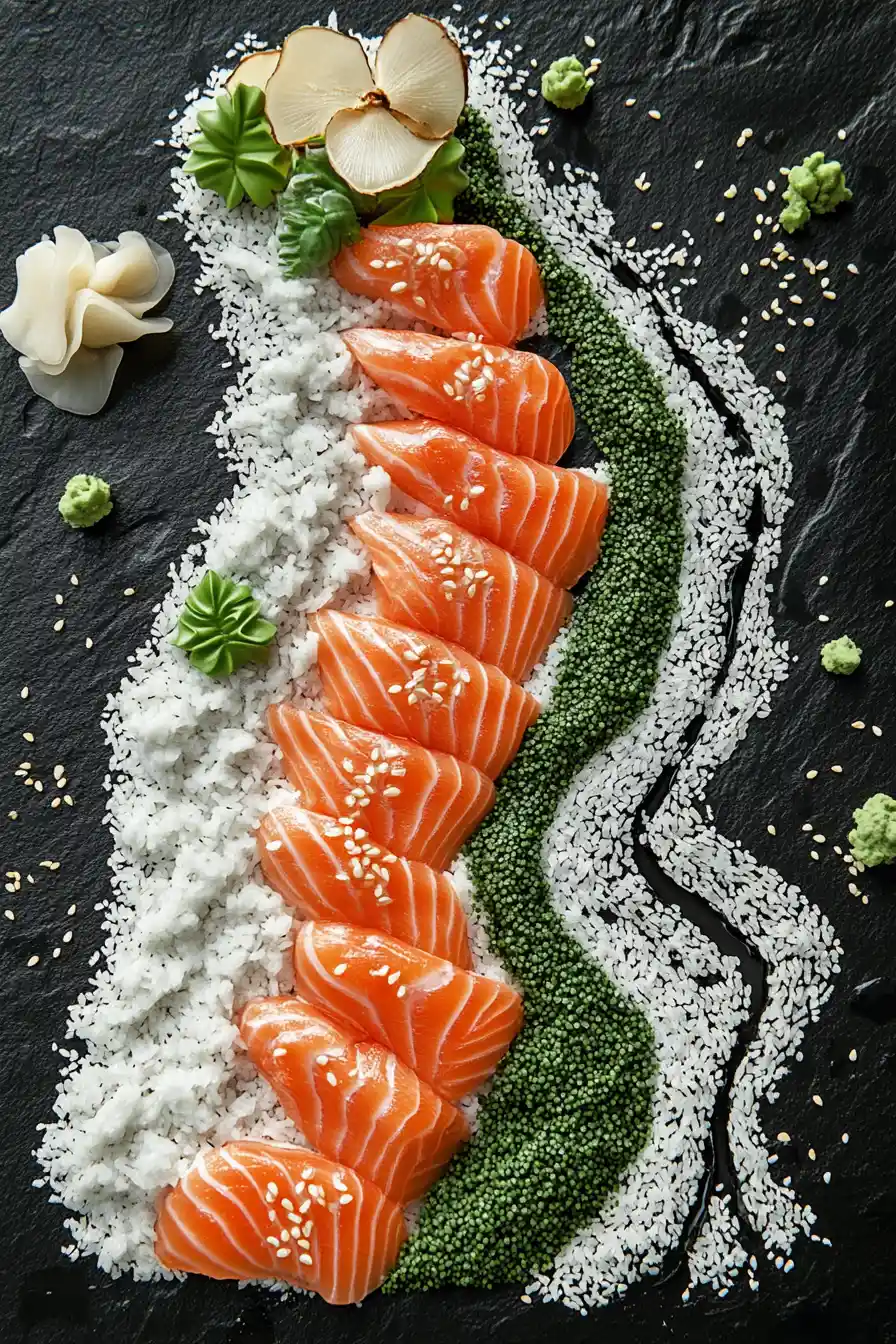 Overhead Minimalist Sushi Landscape On Dark Slate Plate