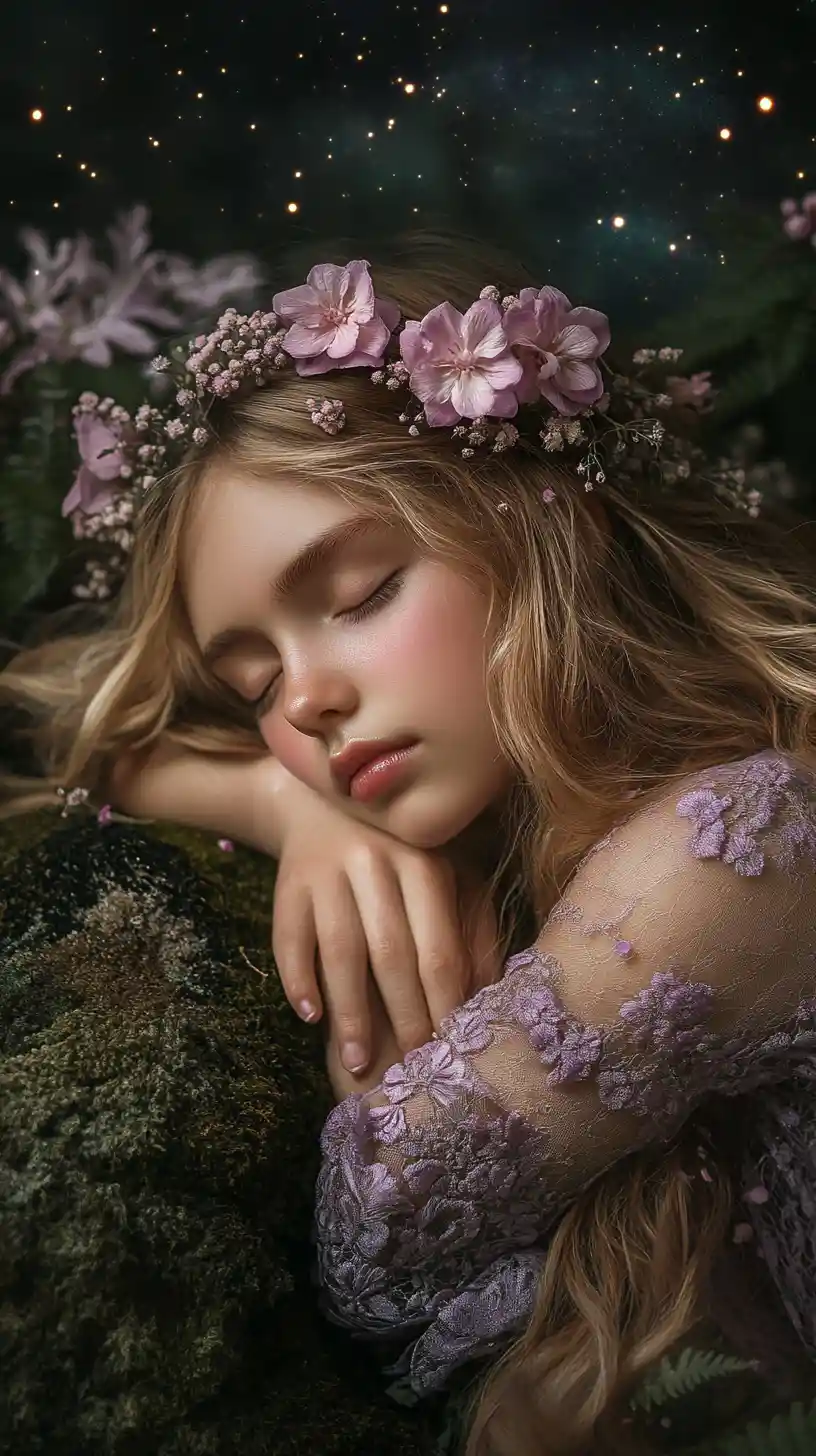 Sleeping flower crowned girl in dreamy night forest