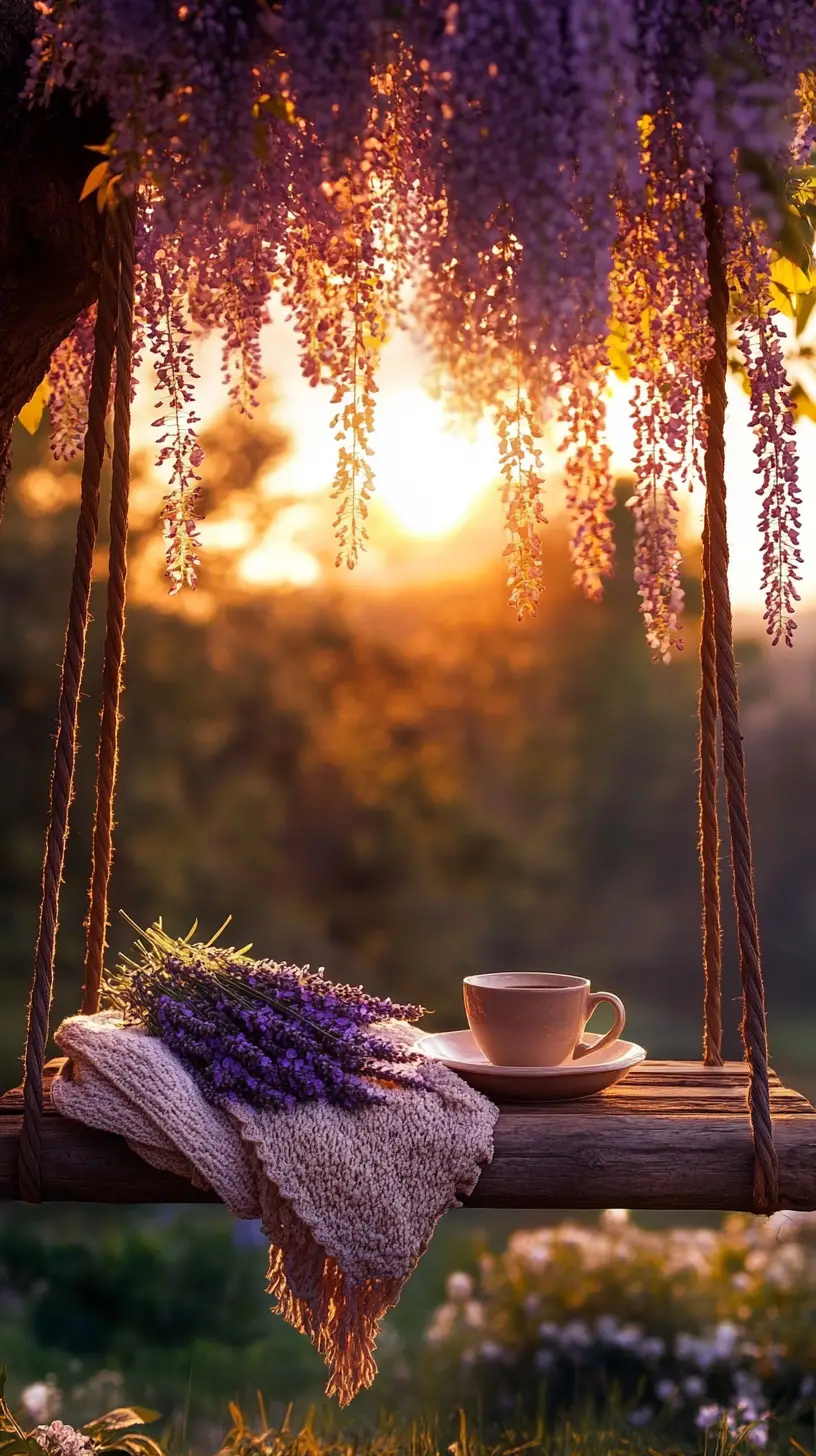 Wisteria tree swing with lavender bouquet at sunset