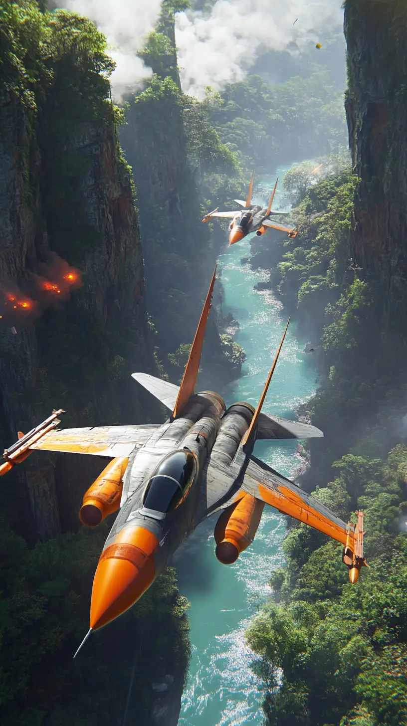 Stylized Fighter Jets Over Jungle River Valley In Daylight
