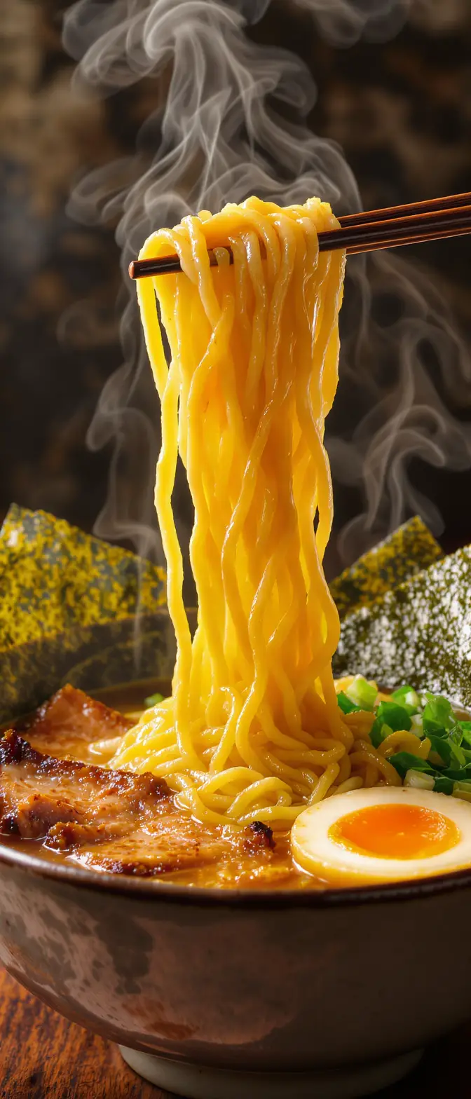 Close up ramen noodles lifted by chopsticks in warm light