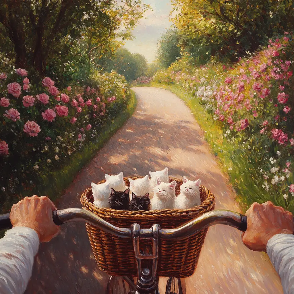 Morning bicycle ride along a winding flower path