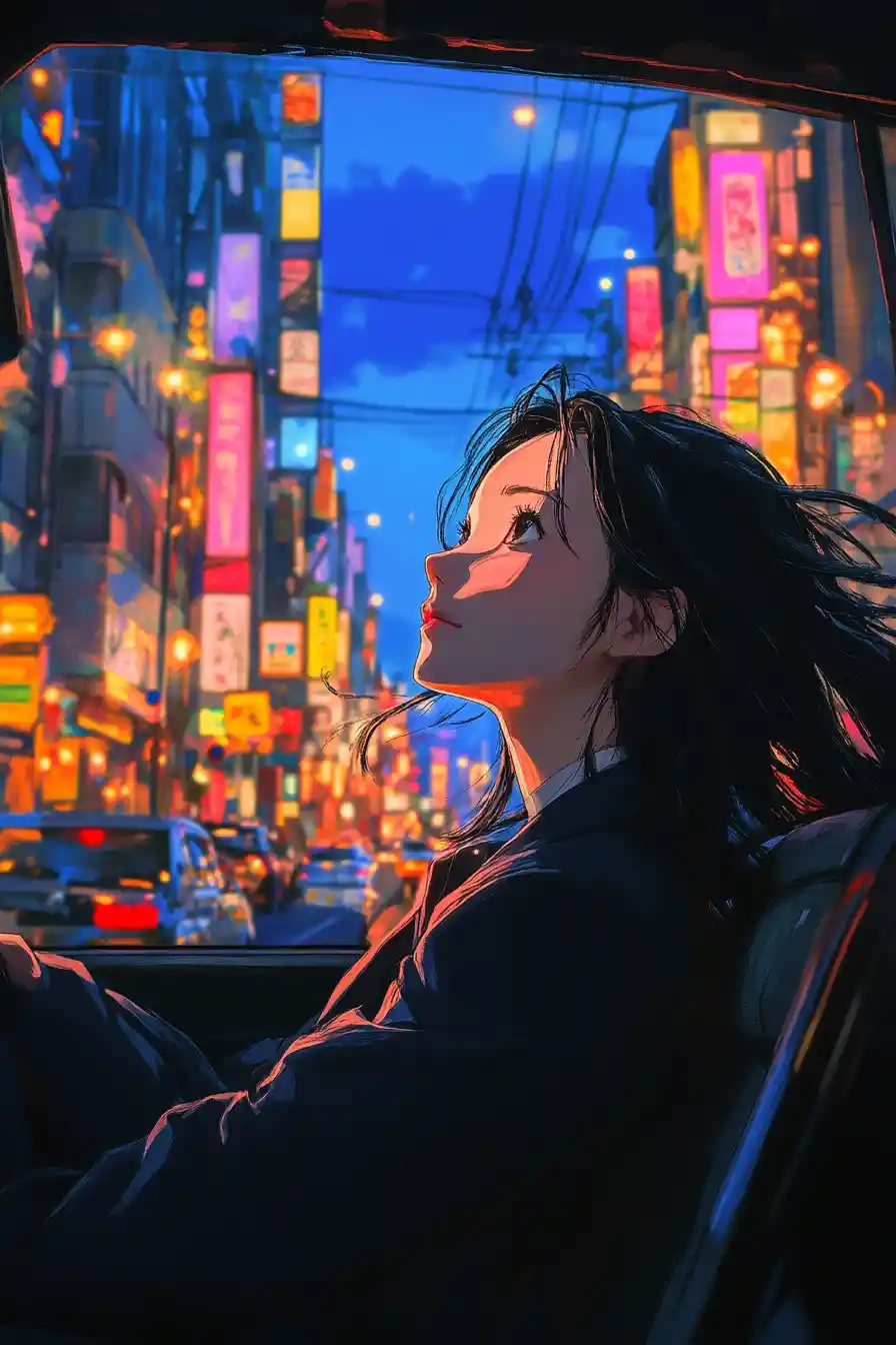 Anime woman in suit driving through neon city at sea