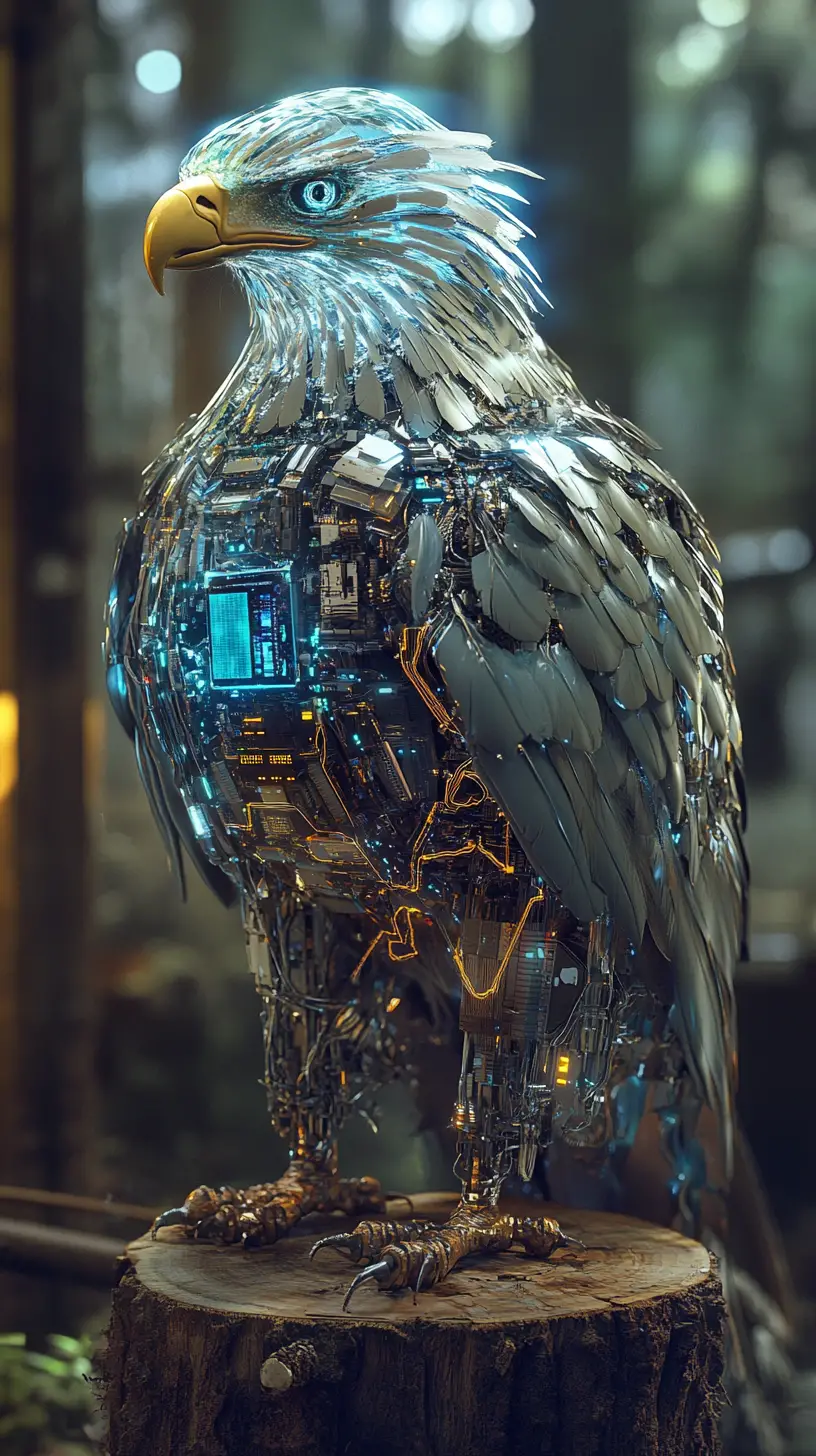 Cybernetic eagle with glass head in a dark lab