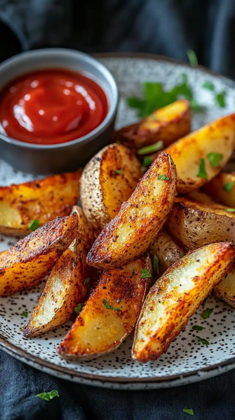 Golden baked potato wedges with ketchup on ceramic plate