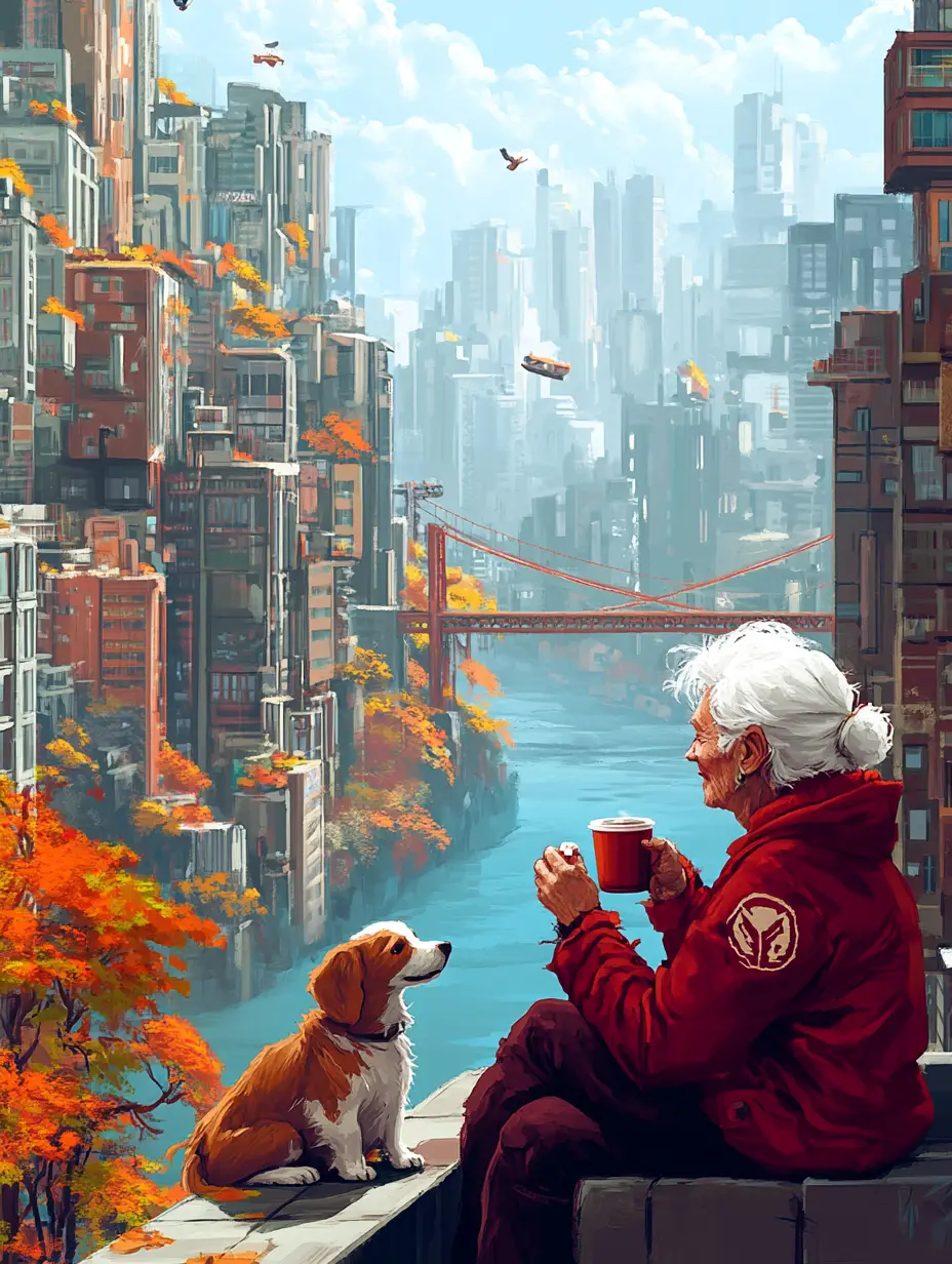 Older woman relaxing on rooftop with dog and coffee