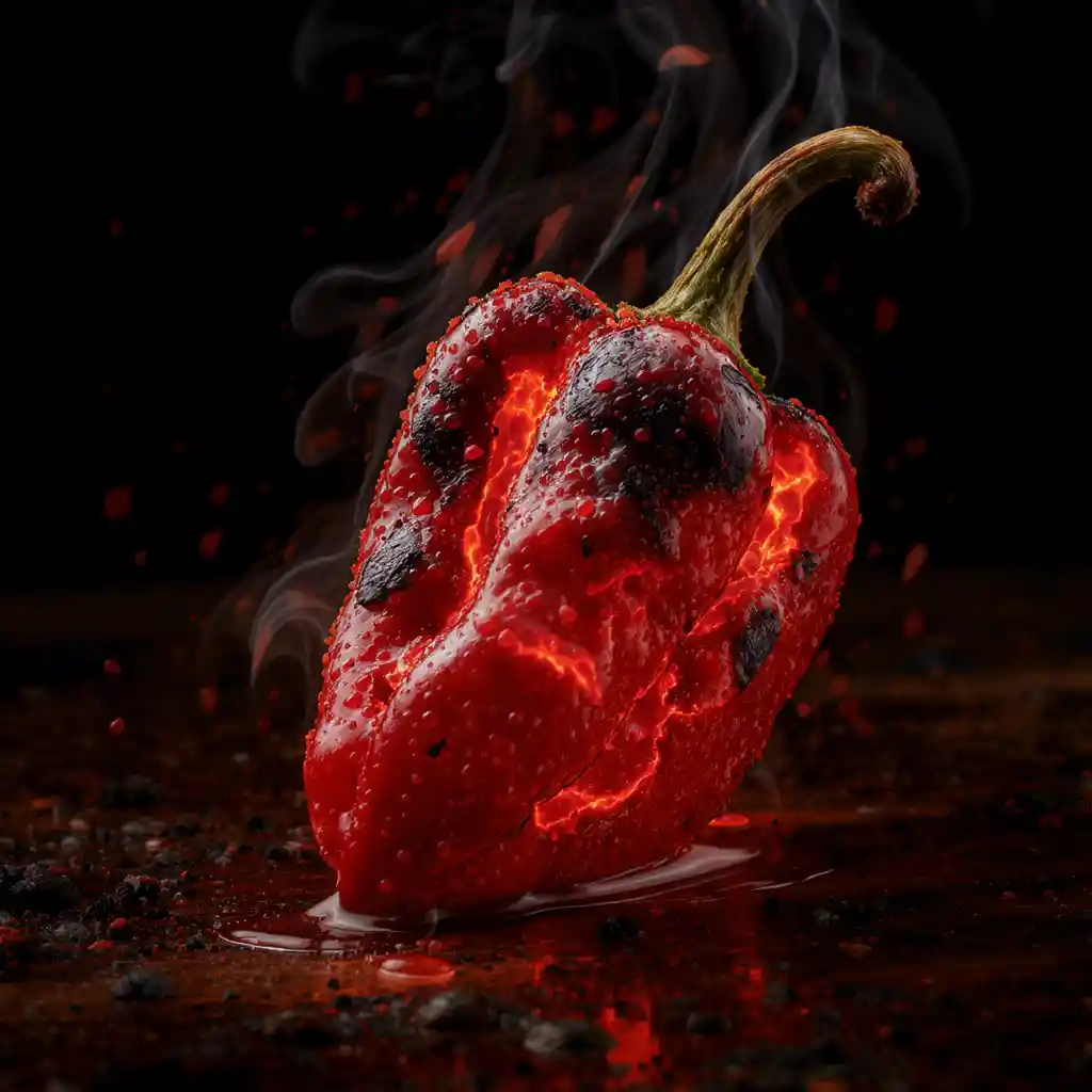 Fiery red ghost pepper in extreme macro with hot sauce