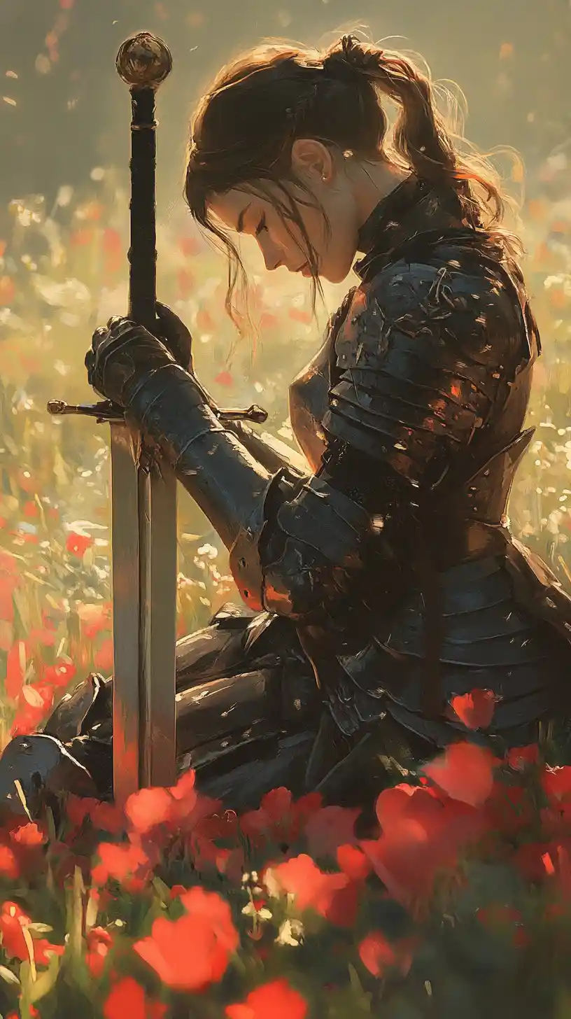 Armored knight kneeling in red flower field at sunset