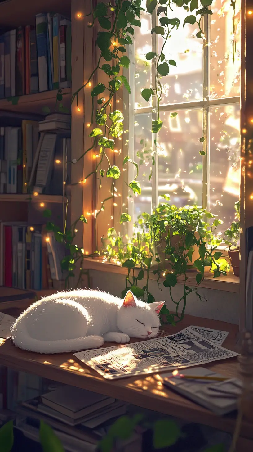 Sleeping white cat by window in cozy anime room