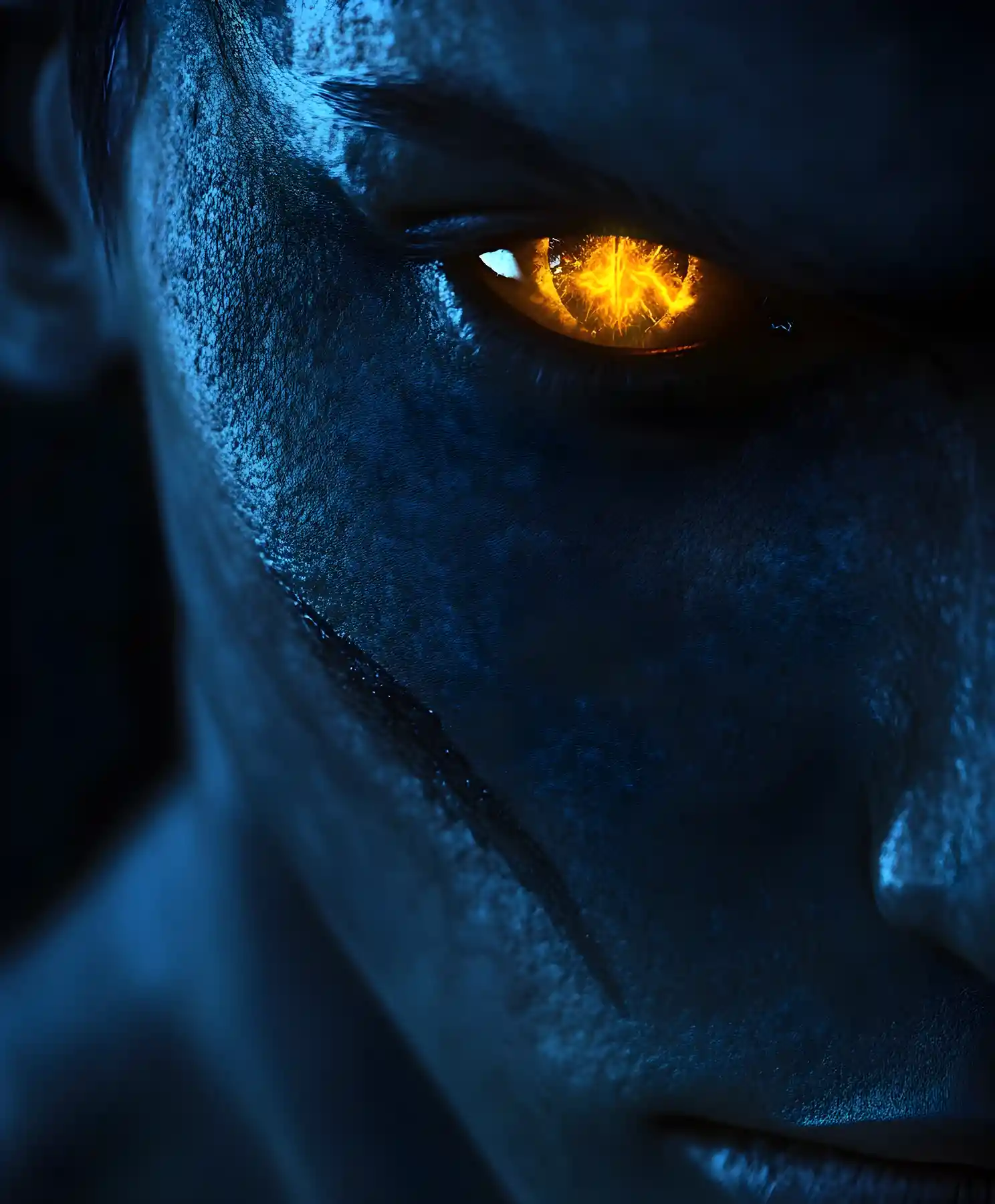 Portrait en gros plan d’un avatar bleu aux yeux lumineux