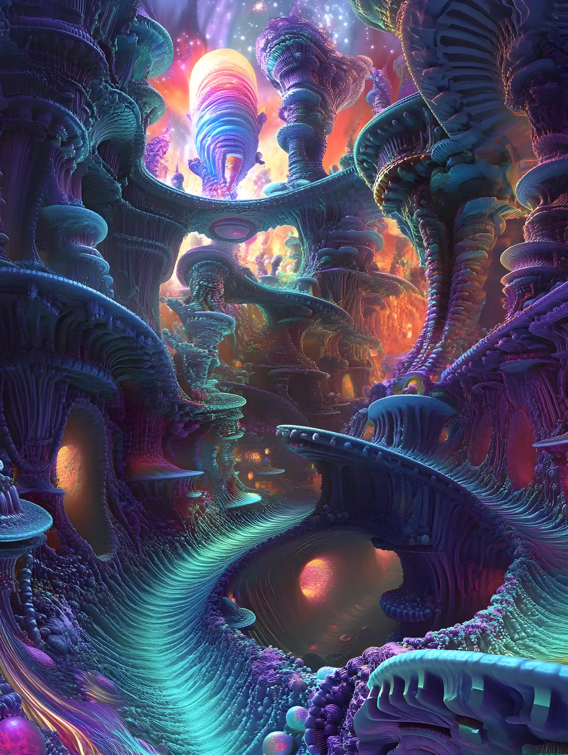 Surreal dreamscape with roaming fantastical creatures and abstract architecture