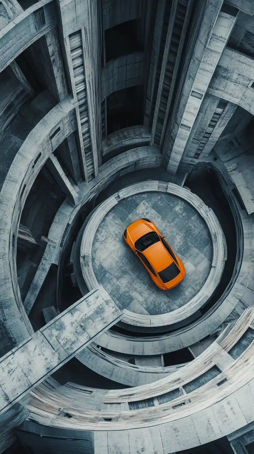 Aerial view of futuristic grayscale city with orange car