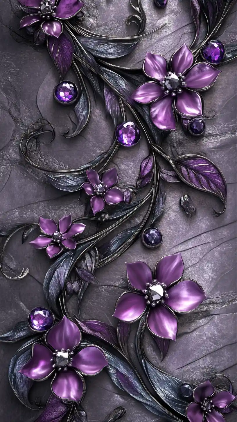Arte da parete con vite d’argento decorata e fiori di cristallo viola