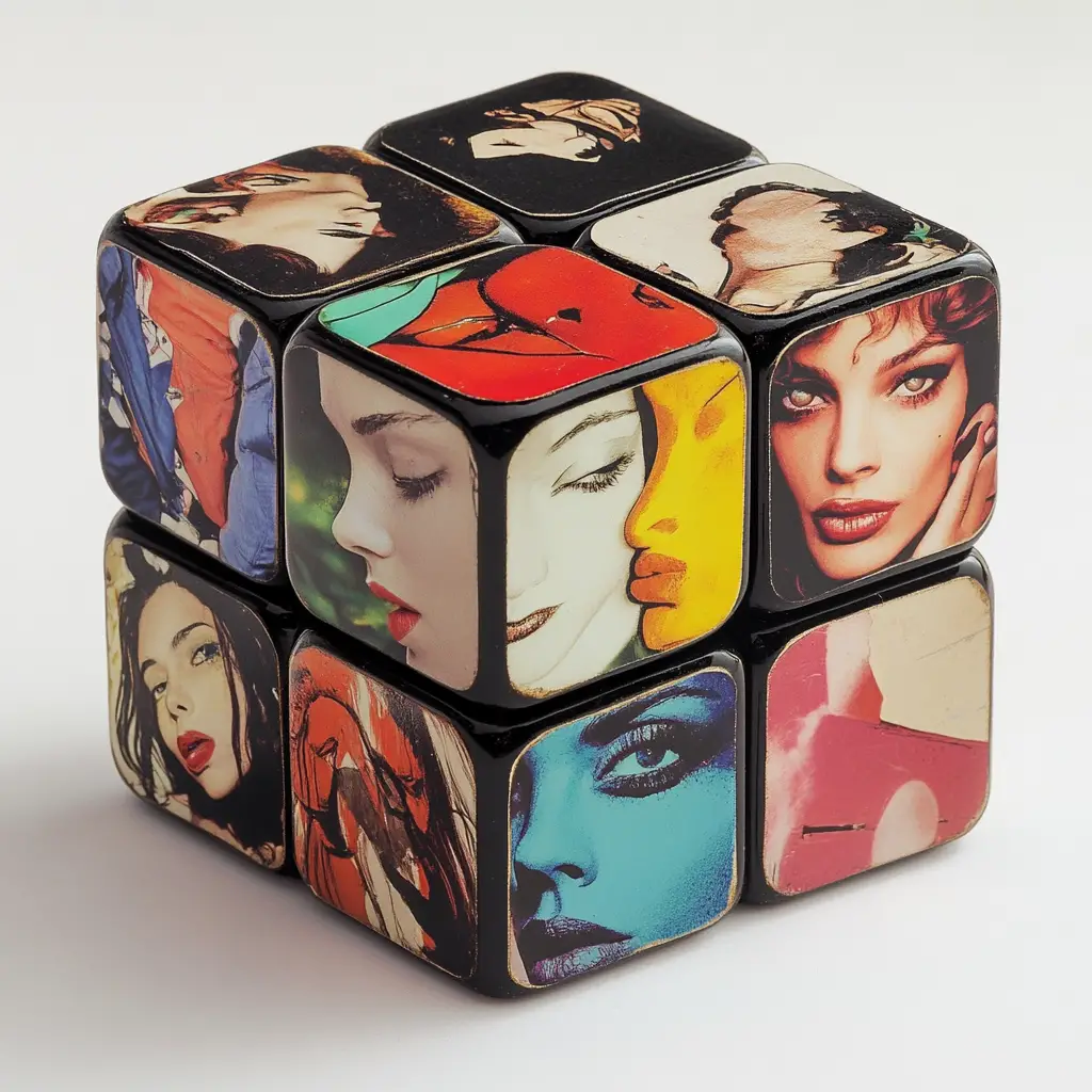 Rubik cube collage of women expressing many emotions