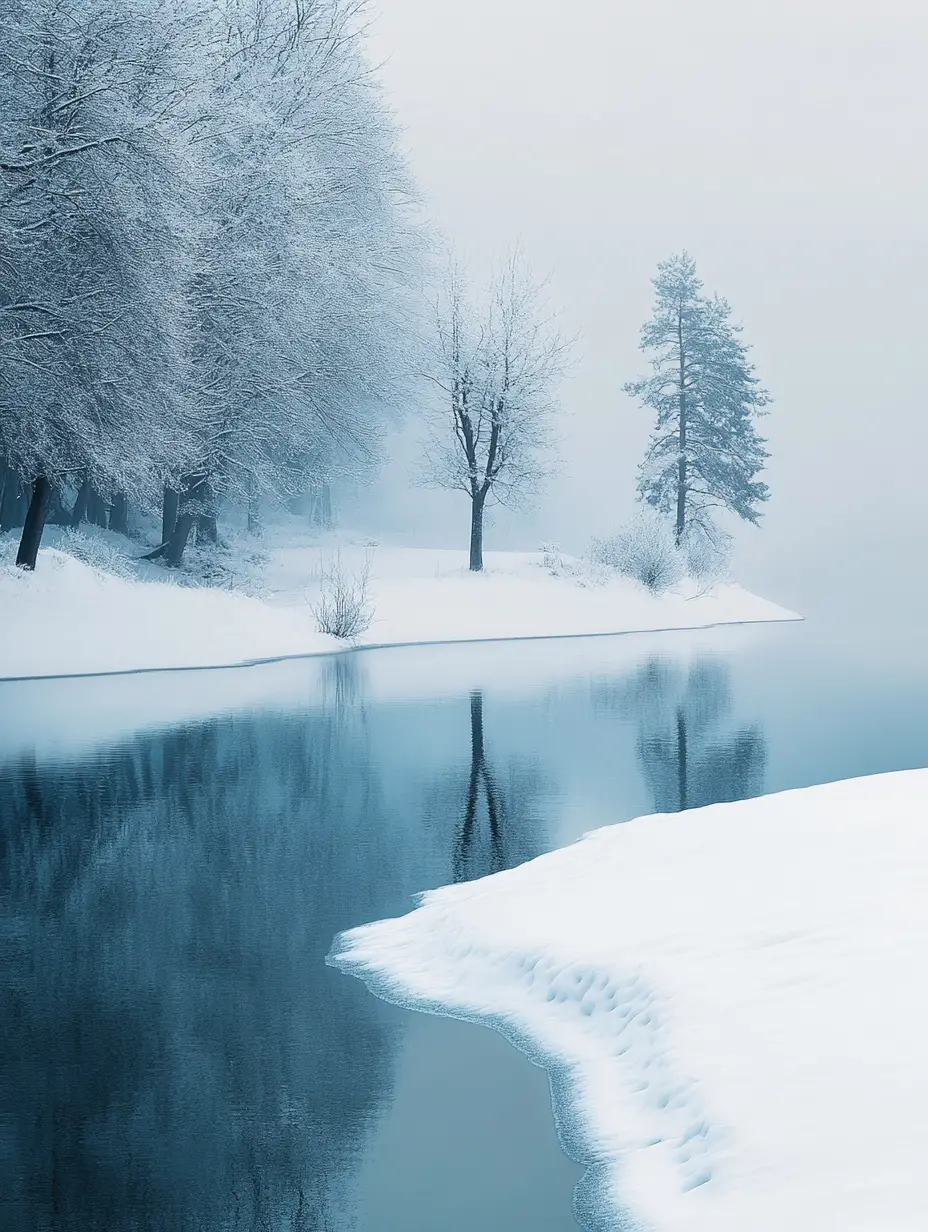 Silent snow falling over a still frozen lake