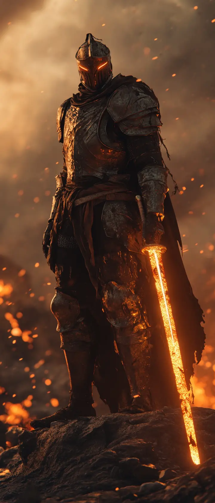 Armored knight above burning battlefield in manga style