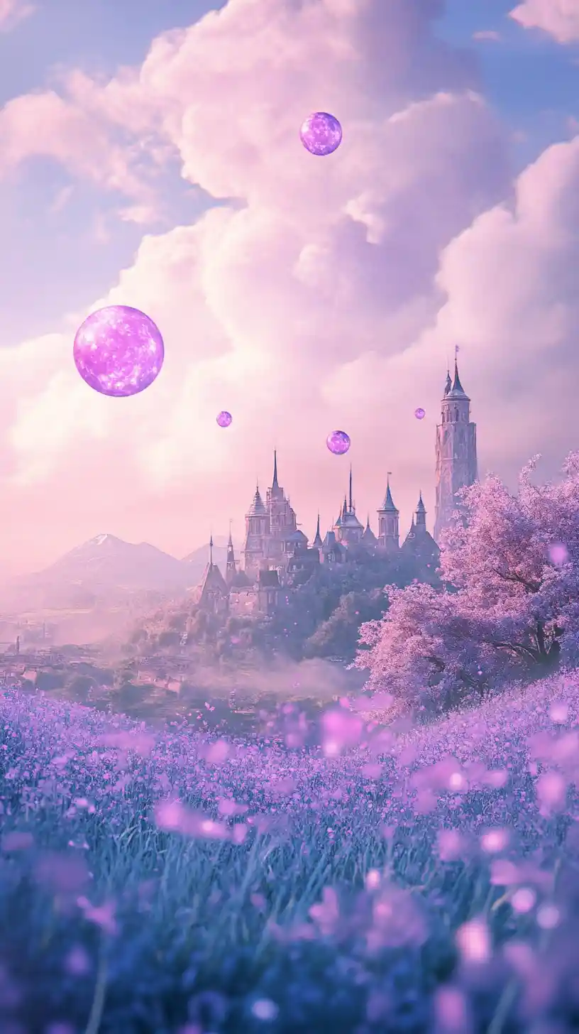 Silver castle village under a lavender fairy sky
