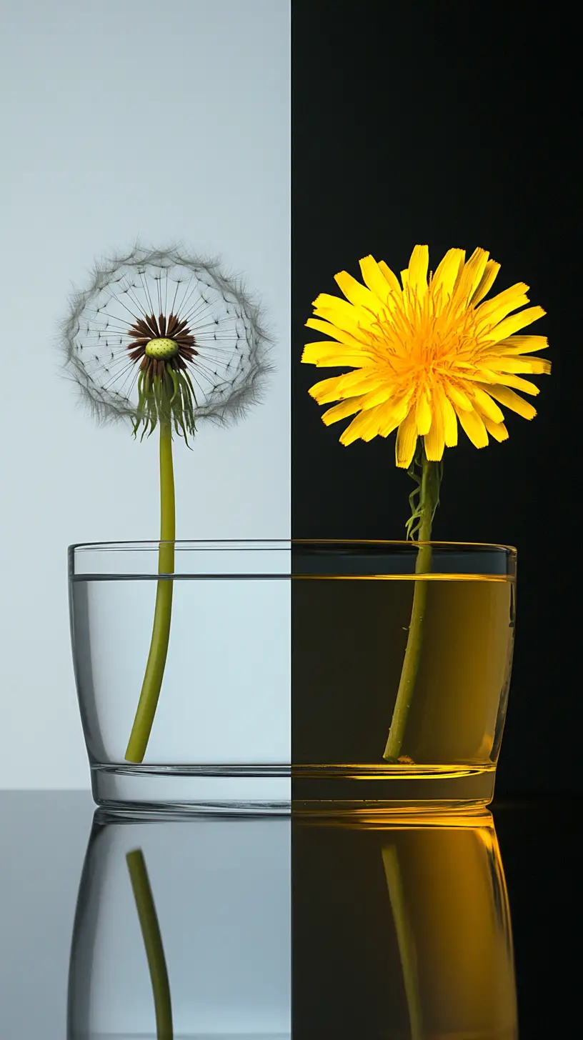 Dandelion In Vase Reflected As Bright Yellow Bloom