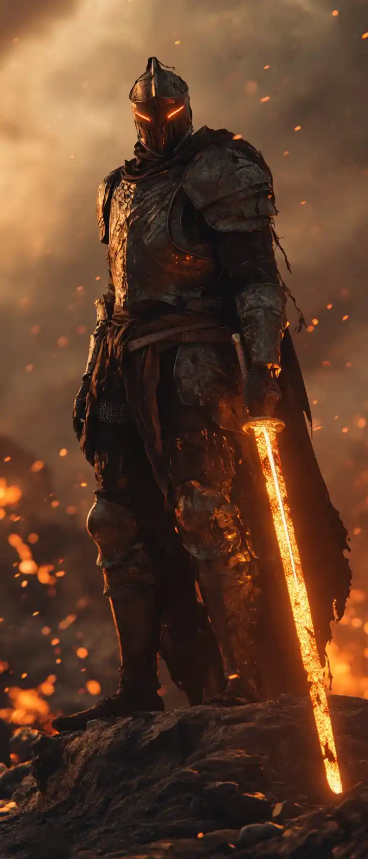 Armored knight above burning battlefield in manga style