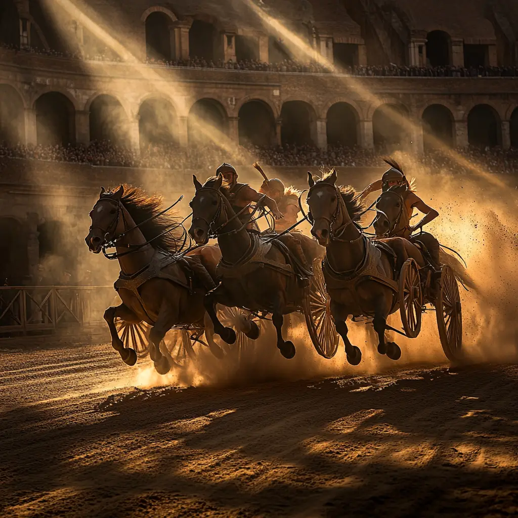 Course de chars de la Rome antique au Colisée au crépuscule