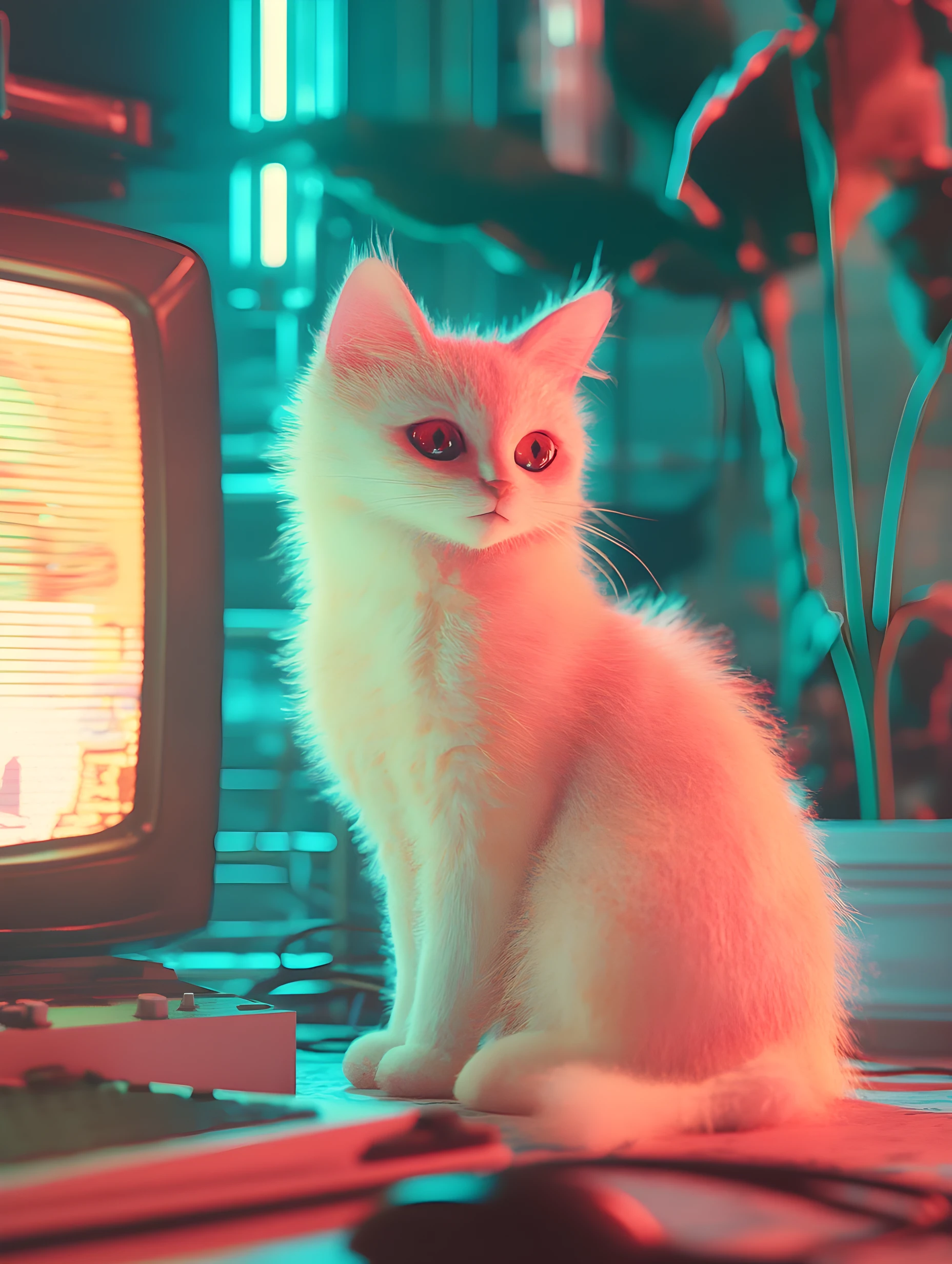 Gato neón surreal en escena abstracta cinematográfica y de ensueño