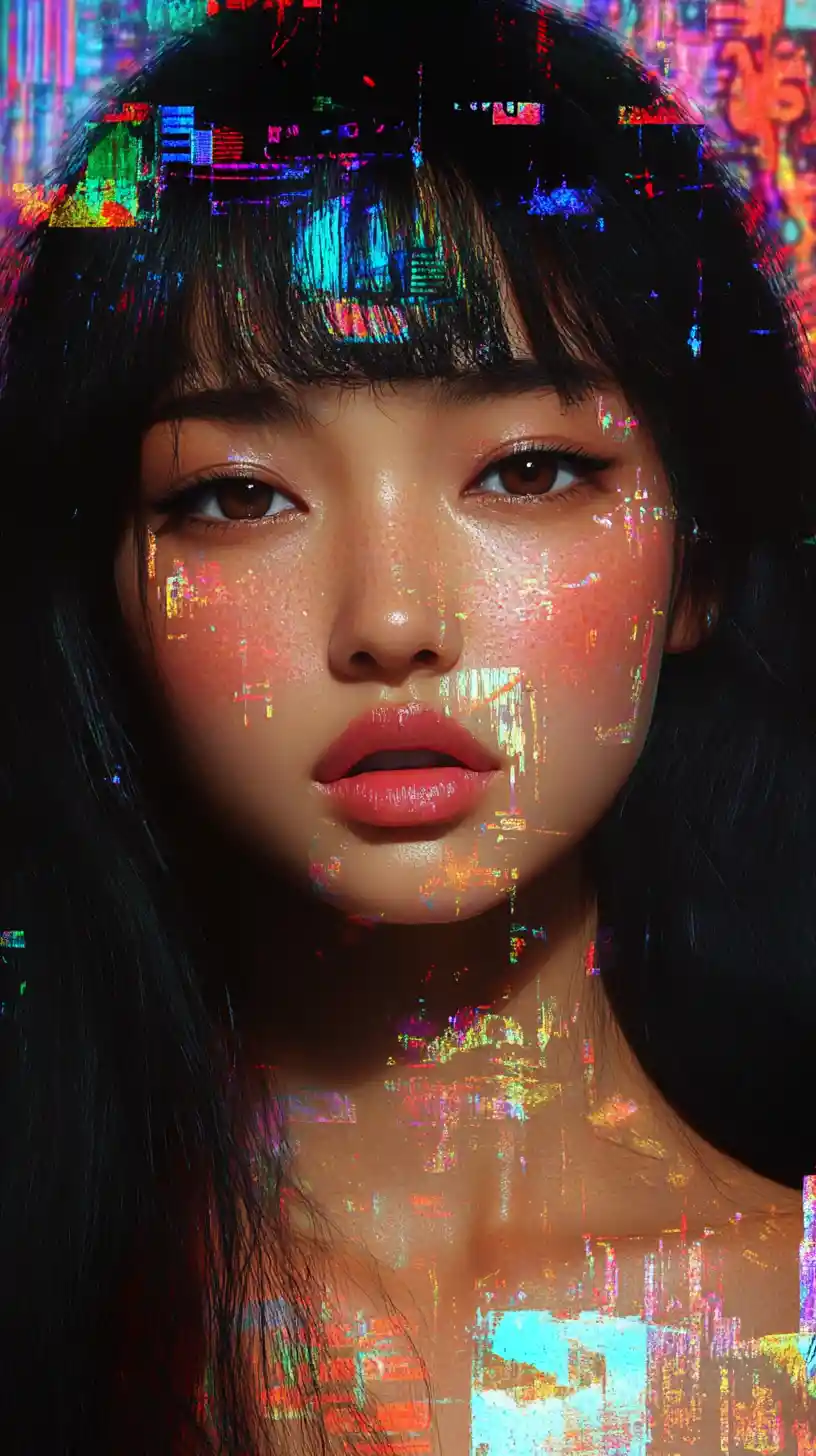 다채로운 추상 디지털 텍스처가 어우러진 아시아 여성 초상