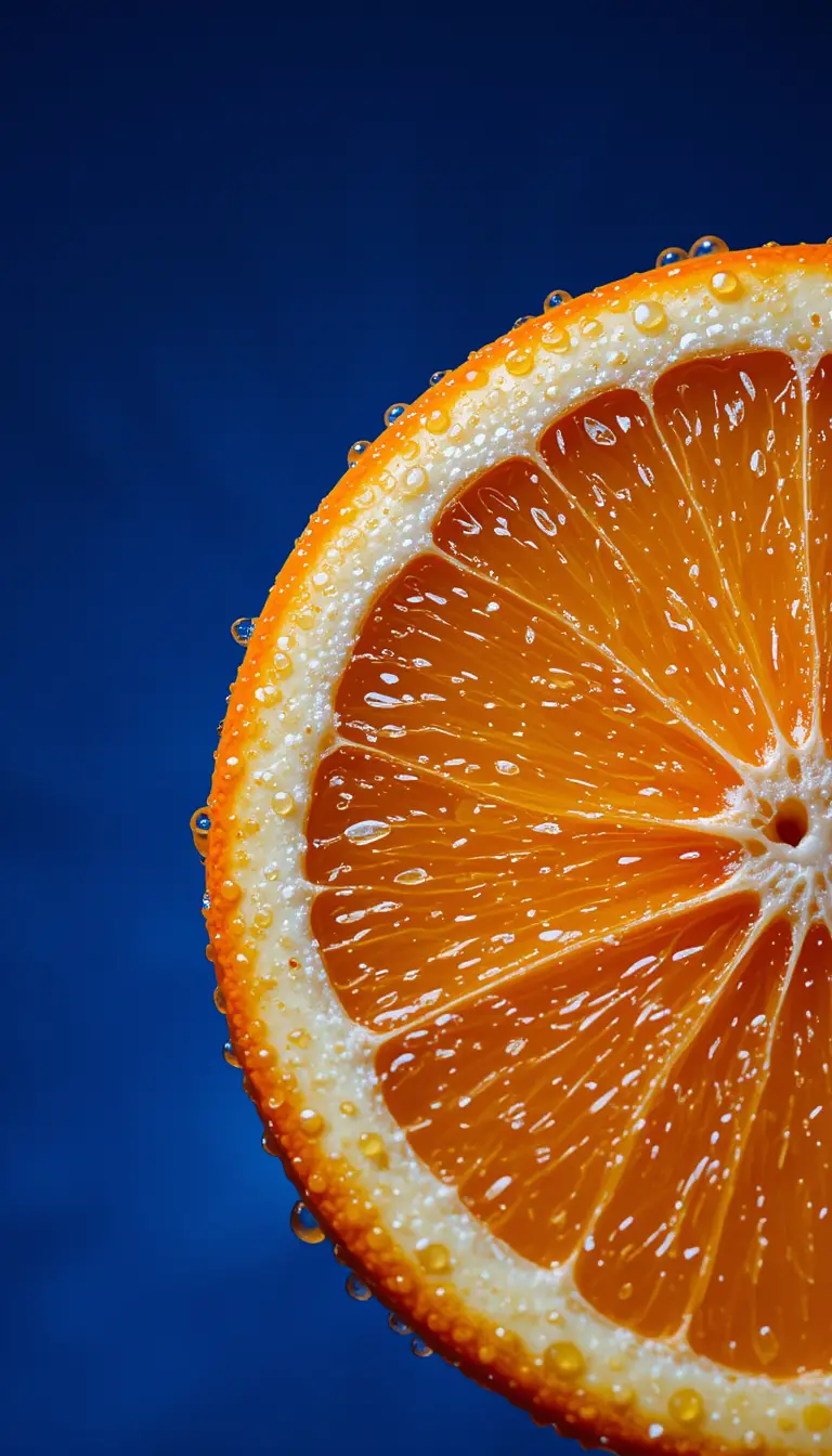 Close up of fresh orange slice with water droplets
