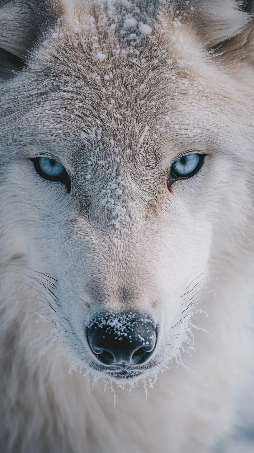Arctic wolf extreme close up with frosty fur and breath
