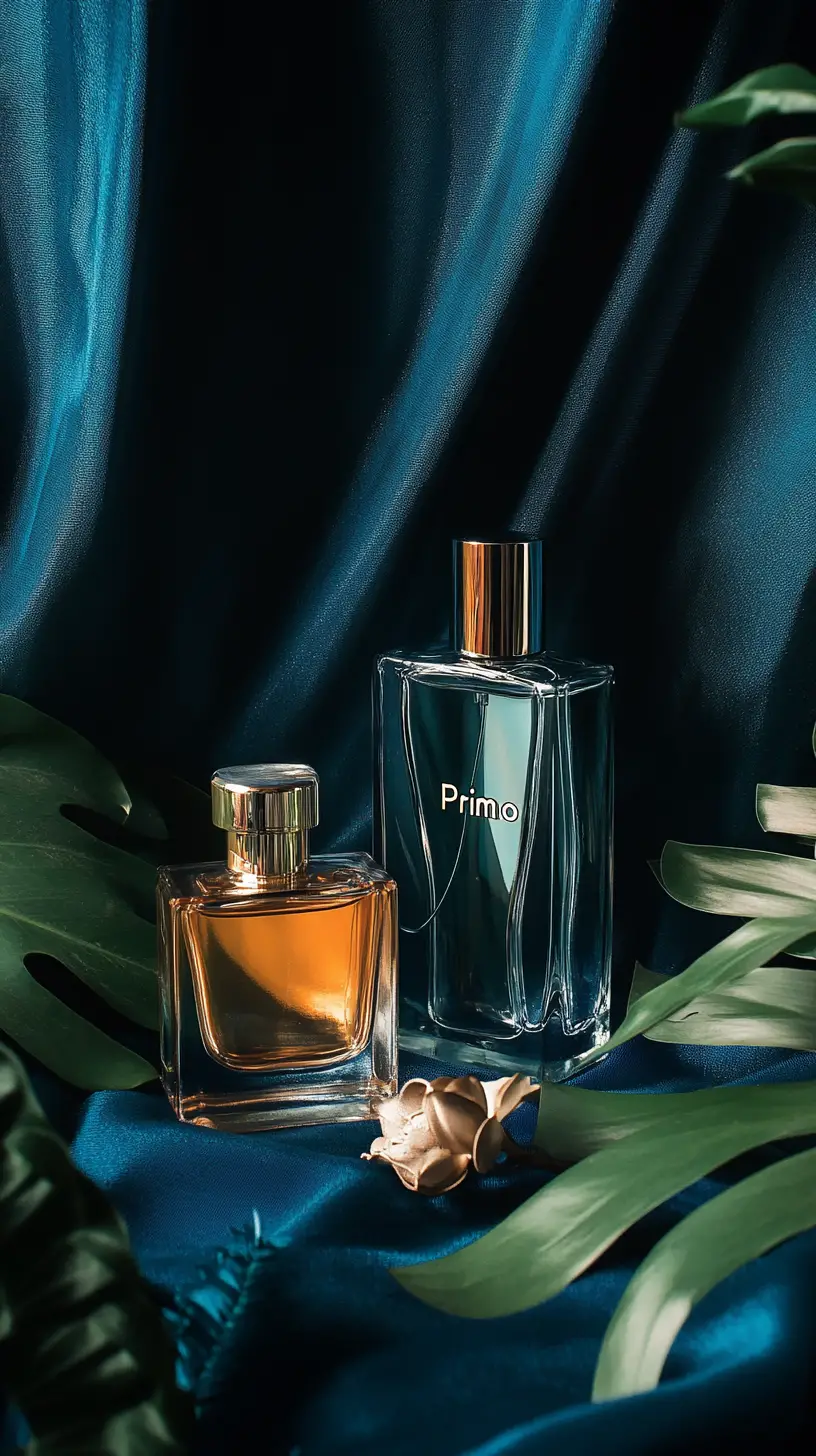 Perfume Bottles And Makeup On Dark Blue Curtain Background