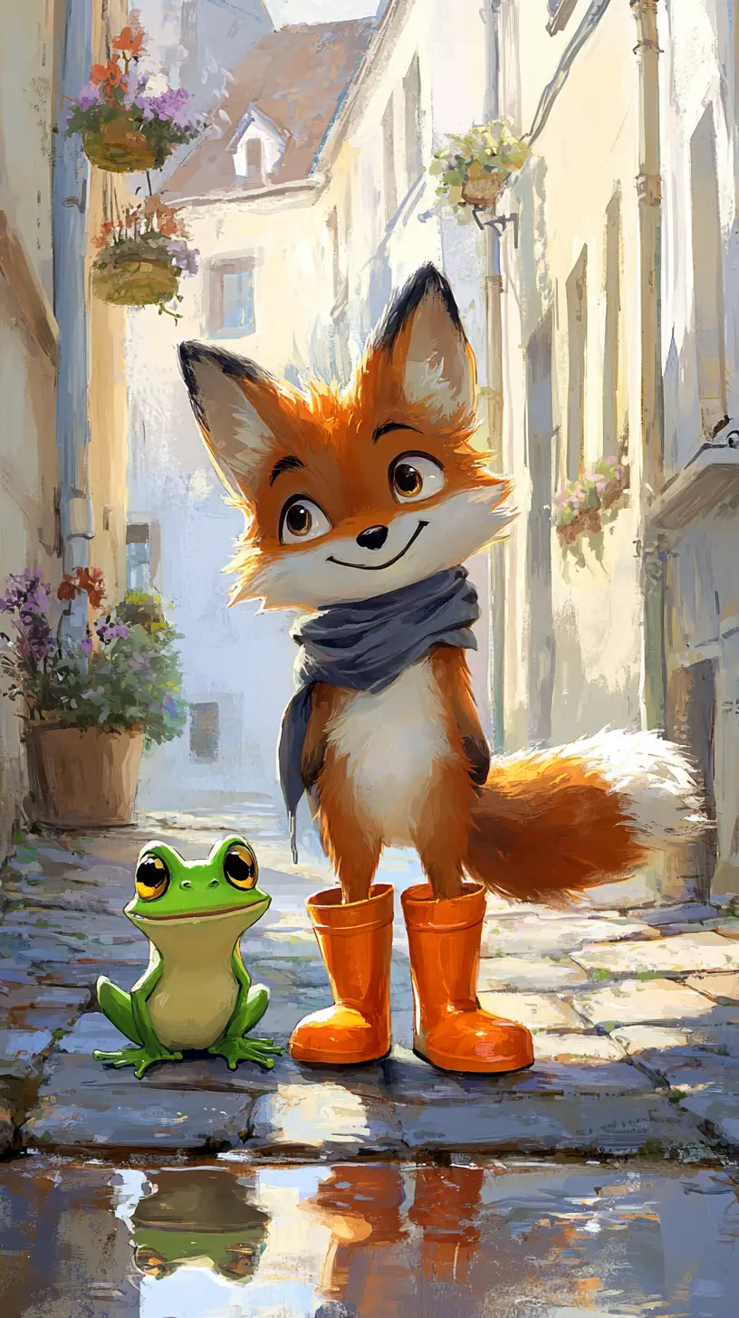 Cheerful Young Fox And Frog On A Sunny Wet Street