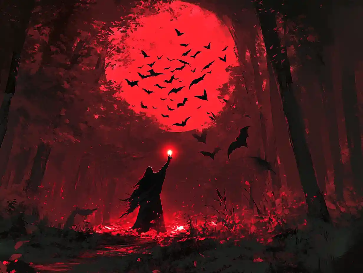Man summoning bats in a dark forest under red moon