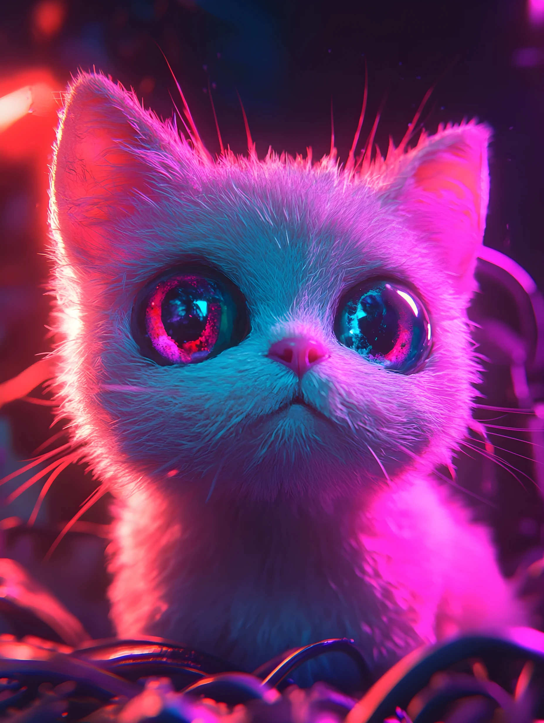 Gato Neón Surreal en Primer Plano de Técnica Mixta Onírica