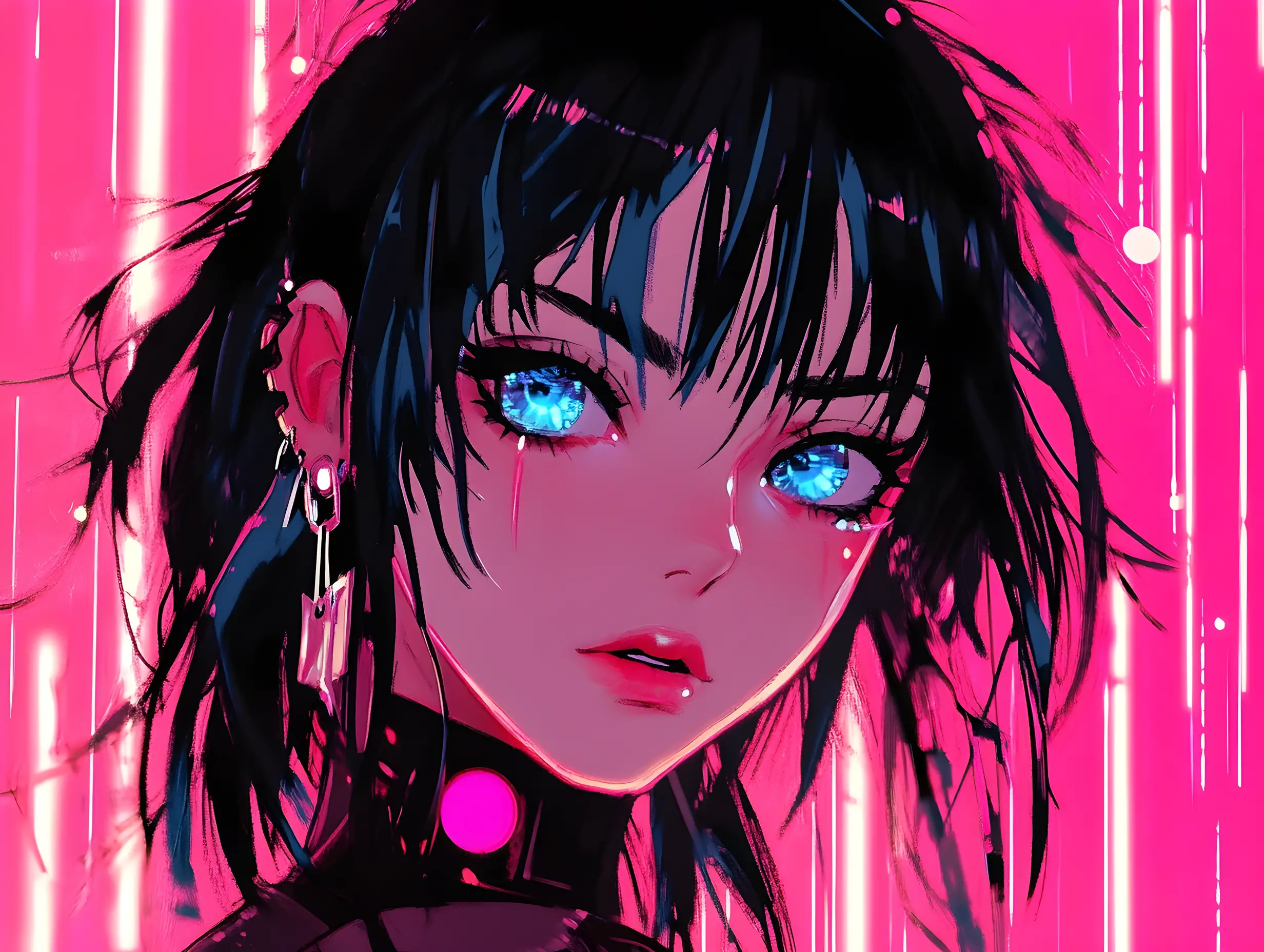 Cute goth anime girl with neon cyberpunk background
