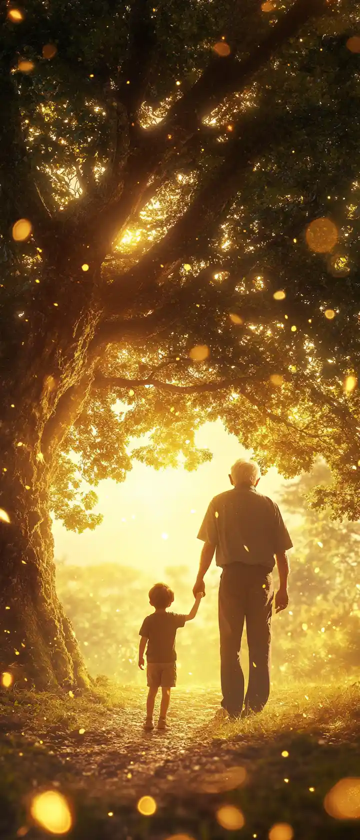 Elderly man holding a child under a glowing tree