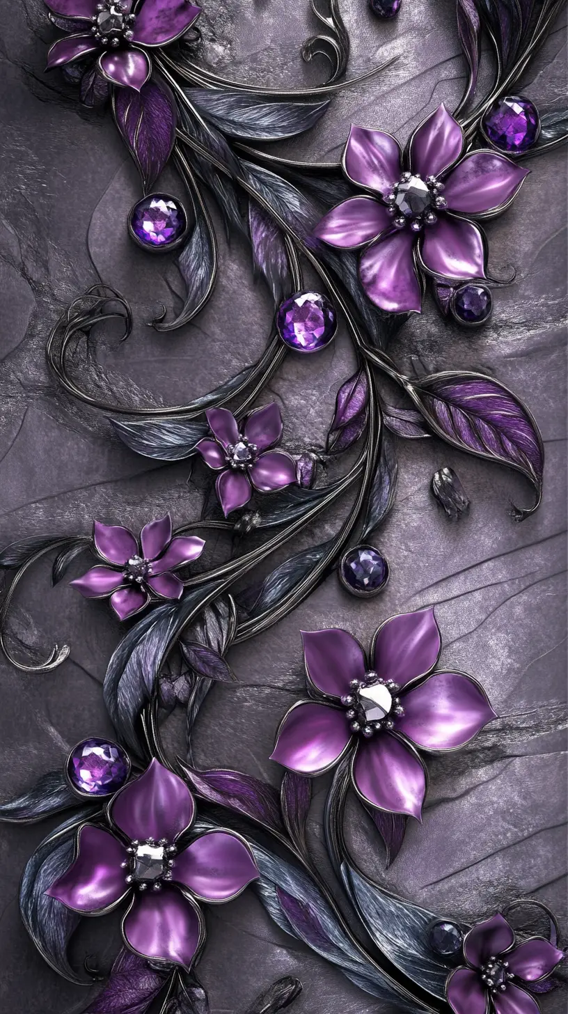 Ornate silver vine wall art with purple crystal flowers