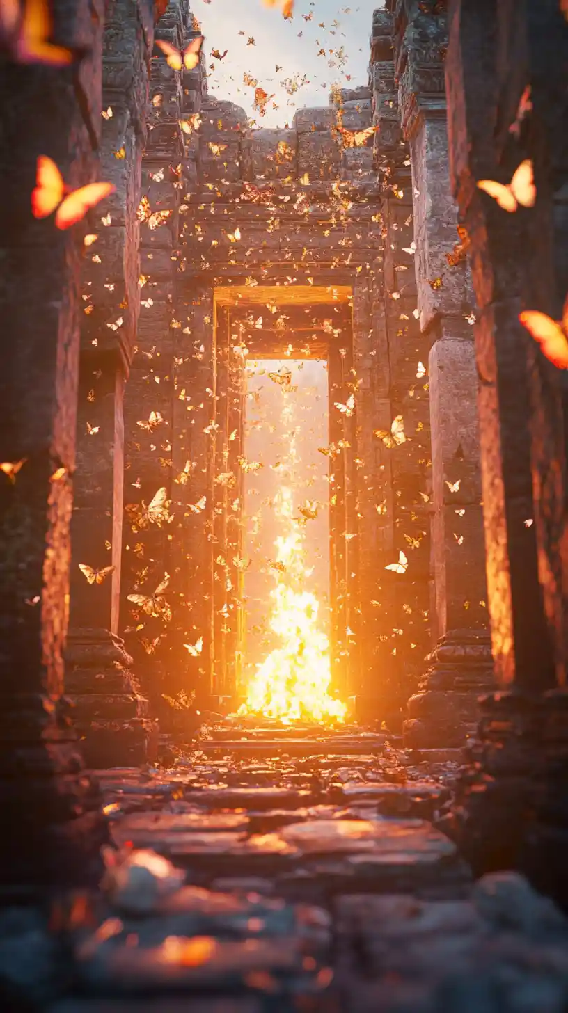 Colorful butterflies flying into sacred fire in ancient temple