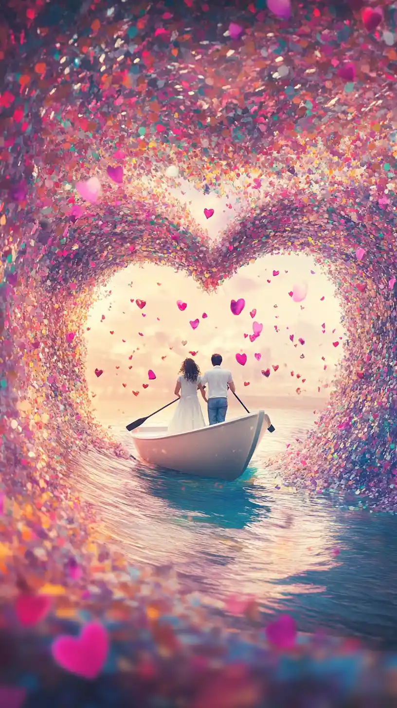 Romantic couple rowing a white boat through heart tunnel